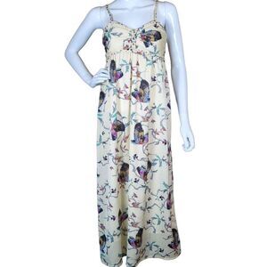 PINK Martini Dress Maxi Woman's Size XS Bird Floral Print‎ Summer Lined Braided